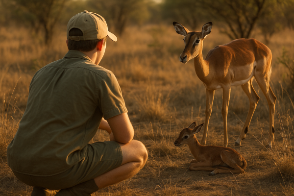 a boy finding the baby impala in the bush